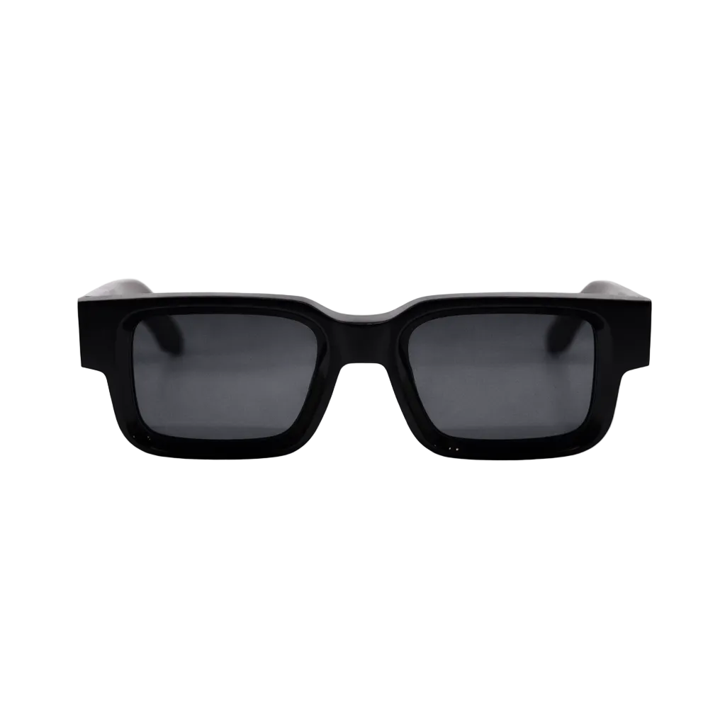 Black sunglasses with dark lenses on a white background